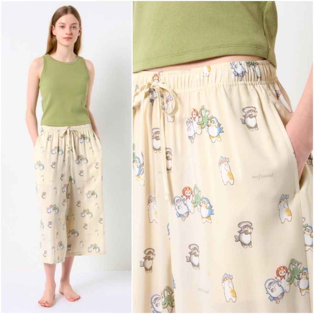 🆕 MOFUSAND UT Samenyan Cats Pocketed Rayon Relaco 3/4 Capri Pants Crops M